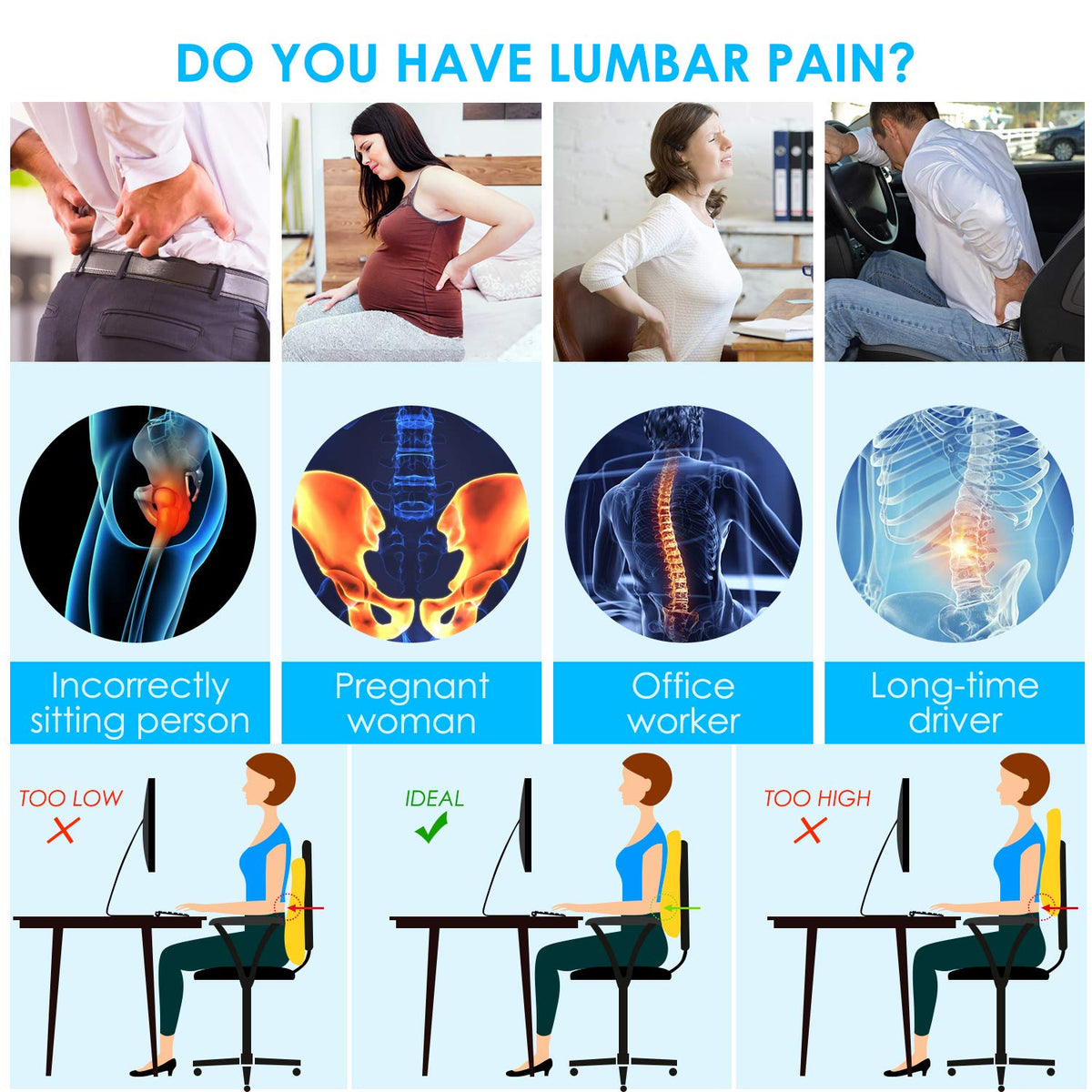 Memory Foam Lumbar Support Pillow with Mesh Cover