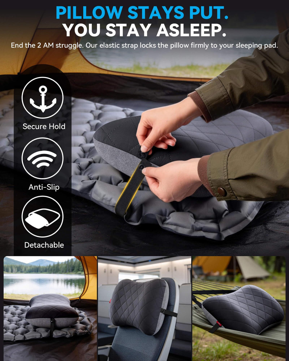 Hikenture Inflatable Camping Pillow with Removable Cover, Black