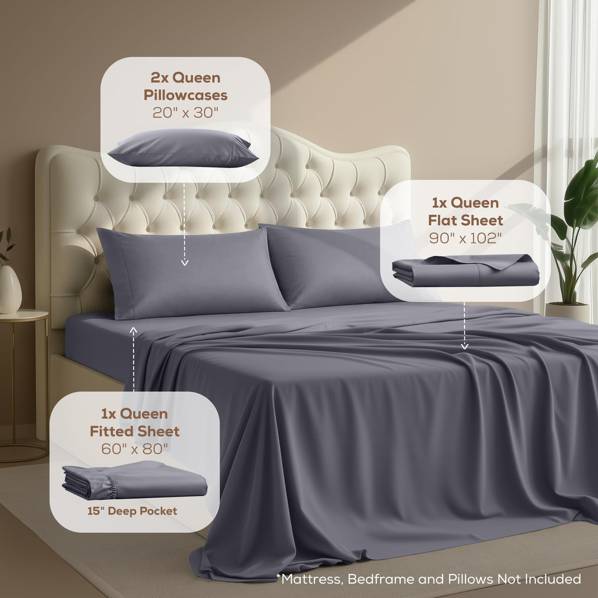 Utopia Bedding Brushed Microfibre Sheet Set, Queen, Grey