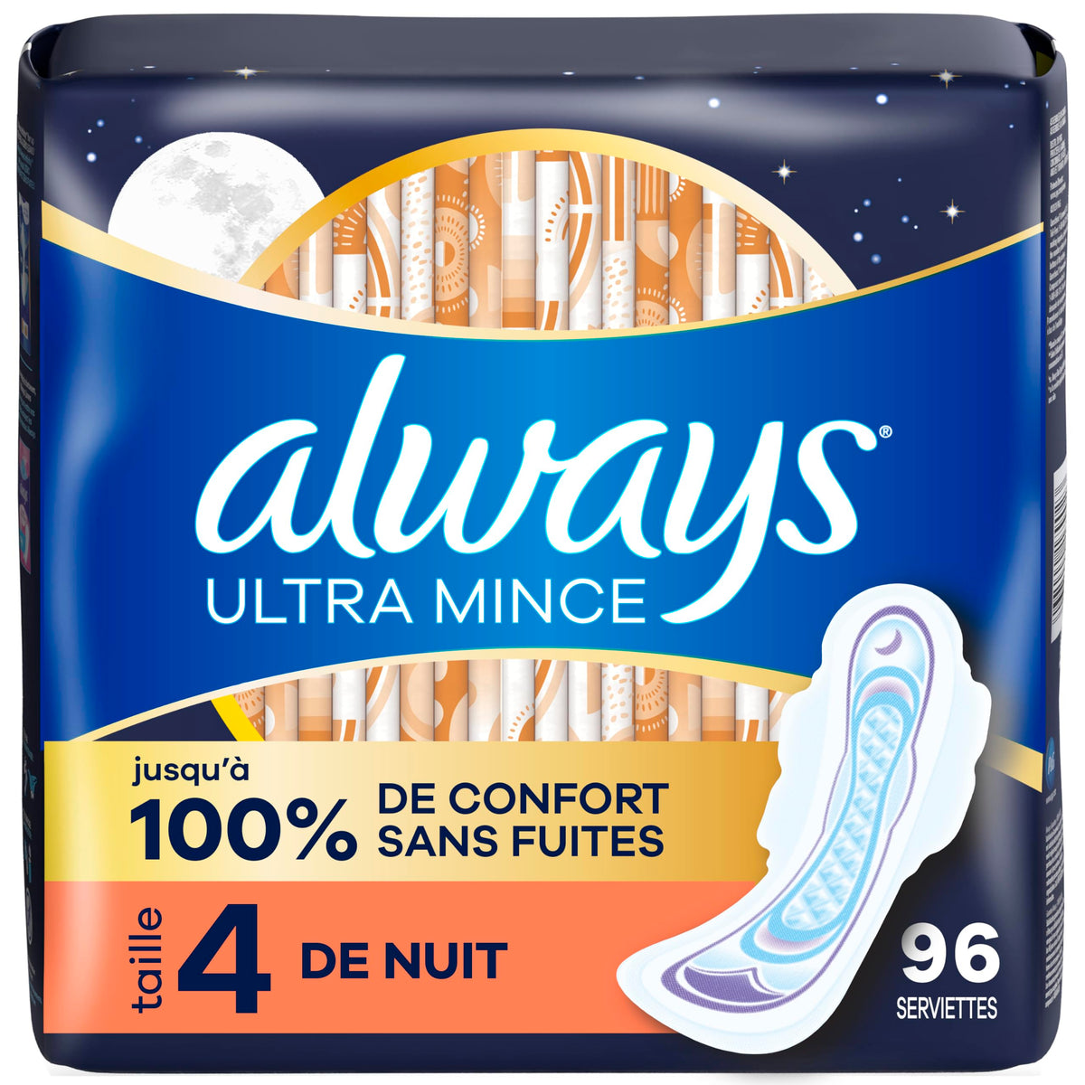 Always Ultra Thin Overnight Pads with Wings, Size 4, 96 Count