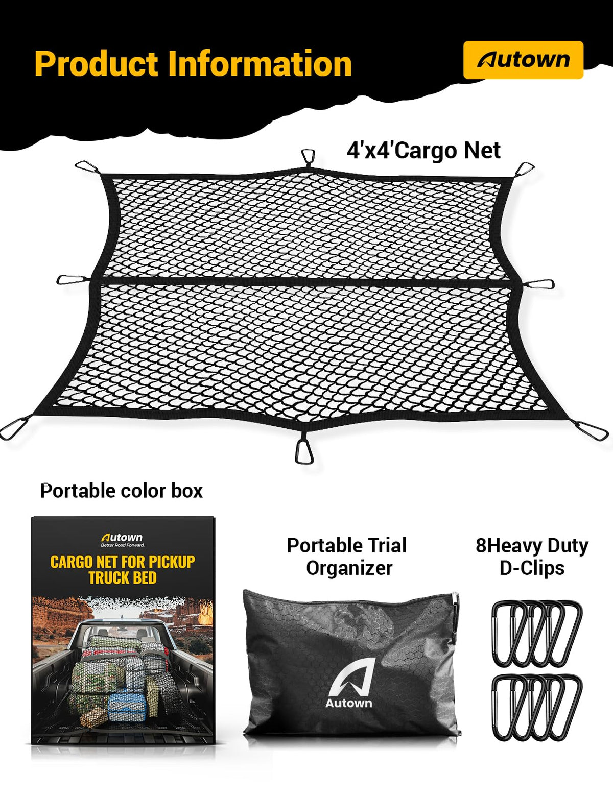 AUTOWN Stretchable Truck Bed Cargo Net with 8 Carabiners, 4' x 4'