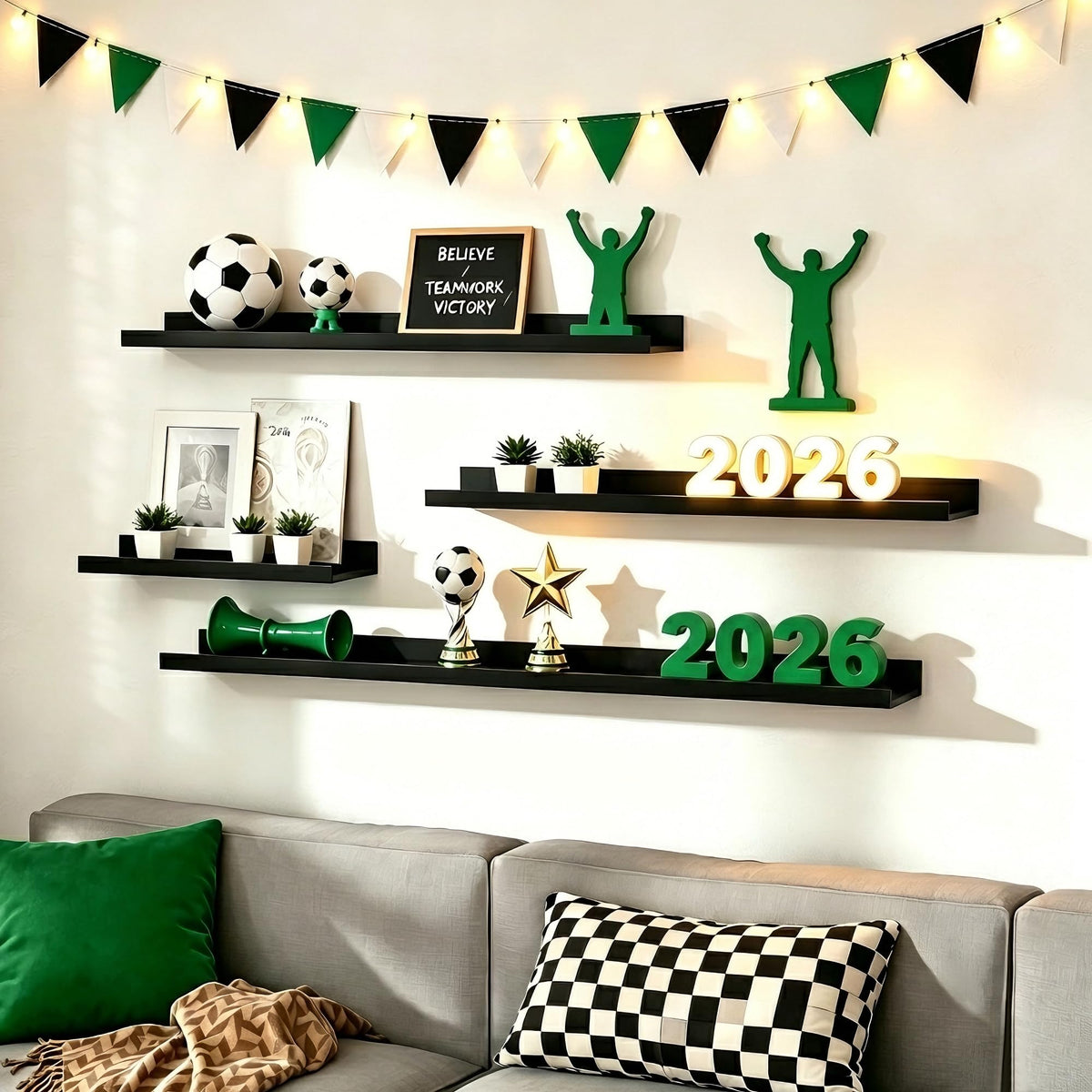upsimples Wall Mounted Wood Floating Shelves, Black (Set of 6)