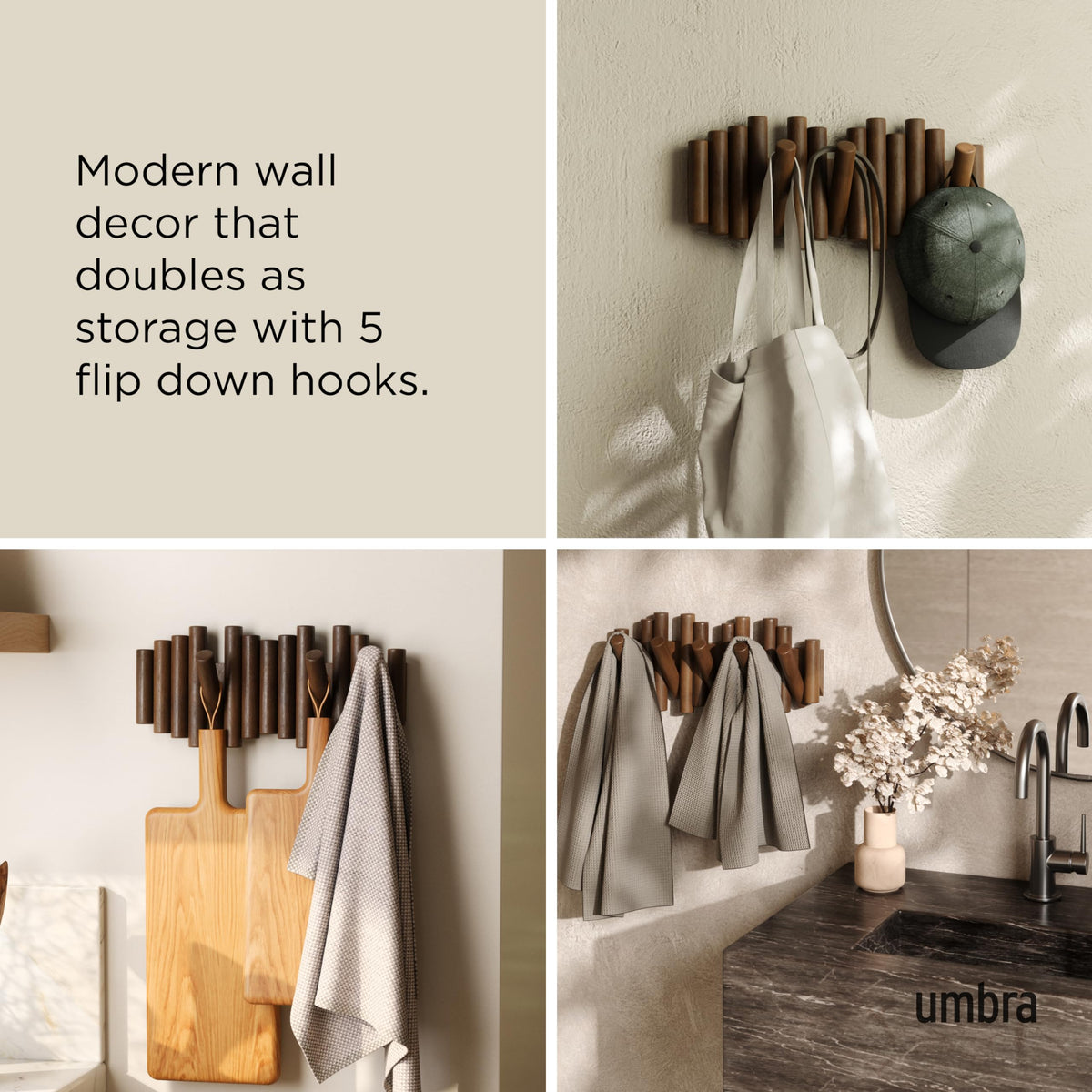 Umbra Picket Wall-Mounted Coat Rack, 5 Retractable Pegs, Walnut