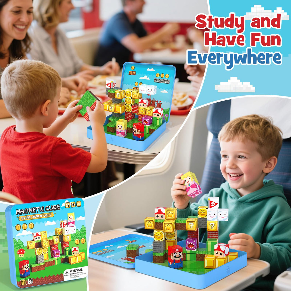 Mini Magnetic Building Blocks for Kids, 49 Pieces, with Iron Box