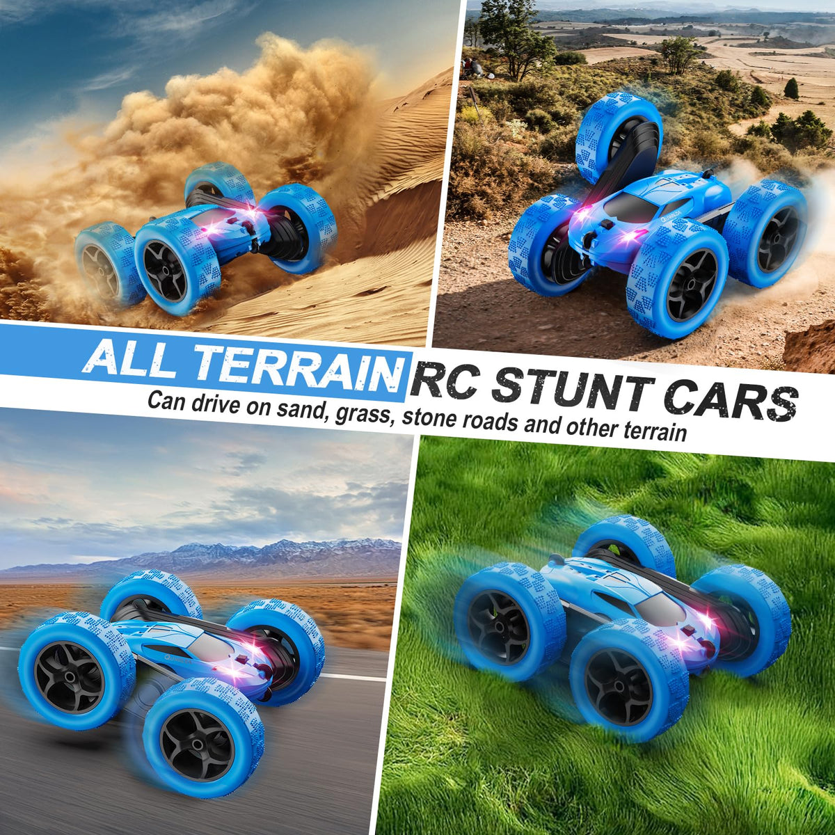 QUNREDA 4WD Double-Sided Stunt RC Car with Headlights, Blue