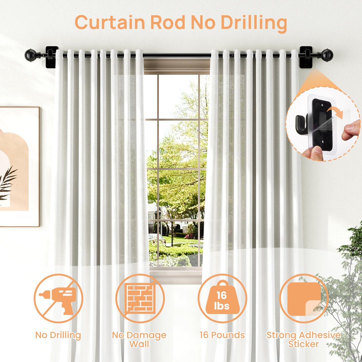 upsimples No Drill Curtain Rod, 28-48", Black
