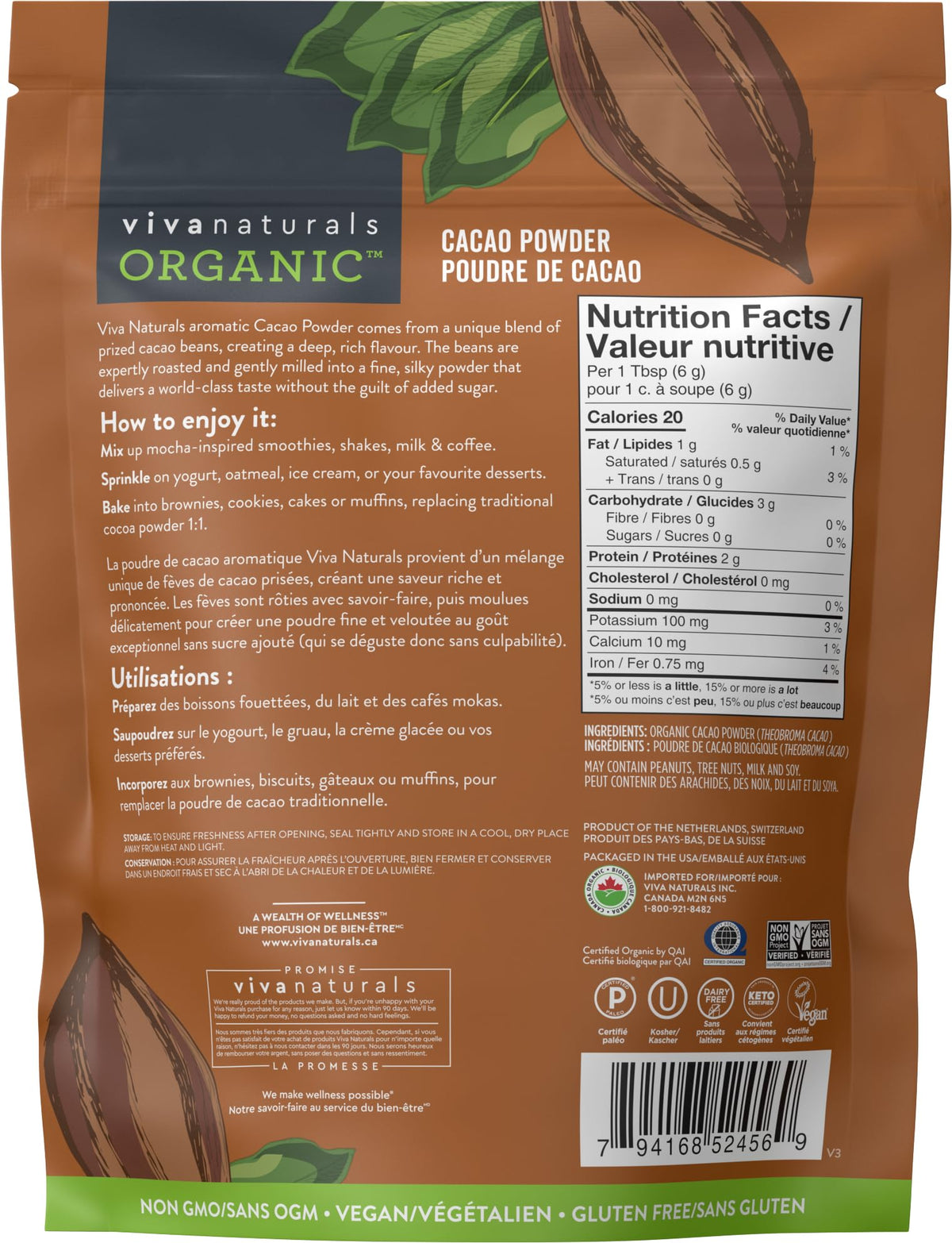 Viva Naturals Organic Cacao Powder, 1 Pound