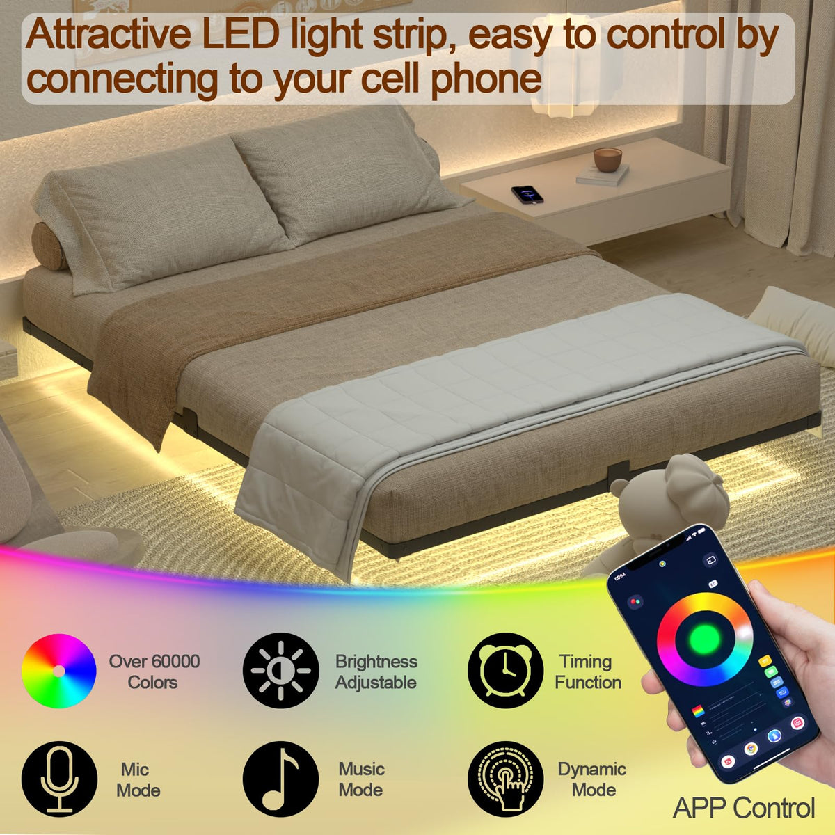 Loakekel Queen Bed Frame with USB Charging and LED Lights, HBF150BK