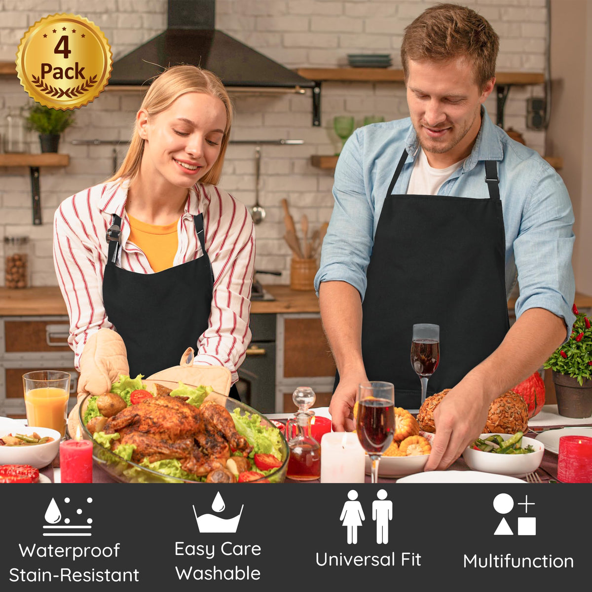 Waterproof Chef Apron with 2 Pockets, Black, 4 Pack