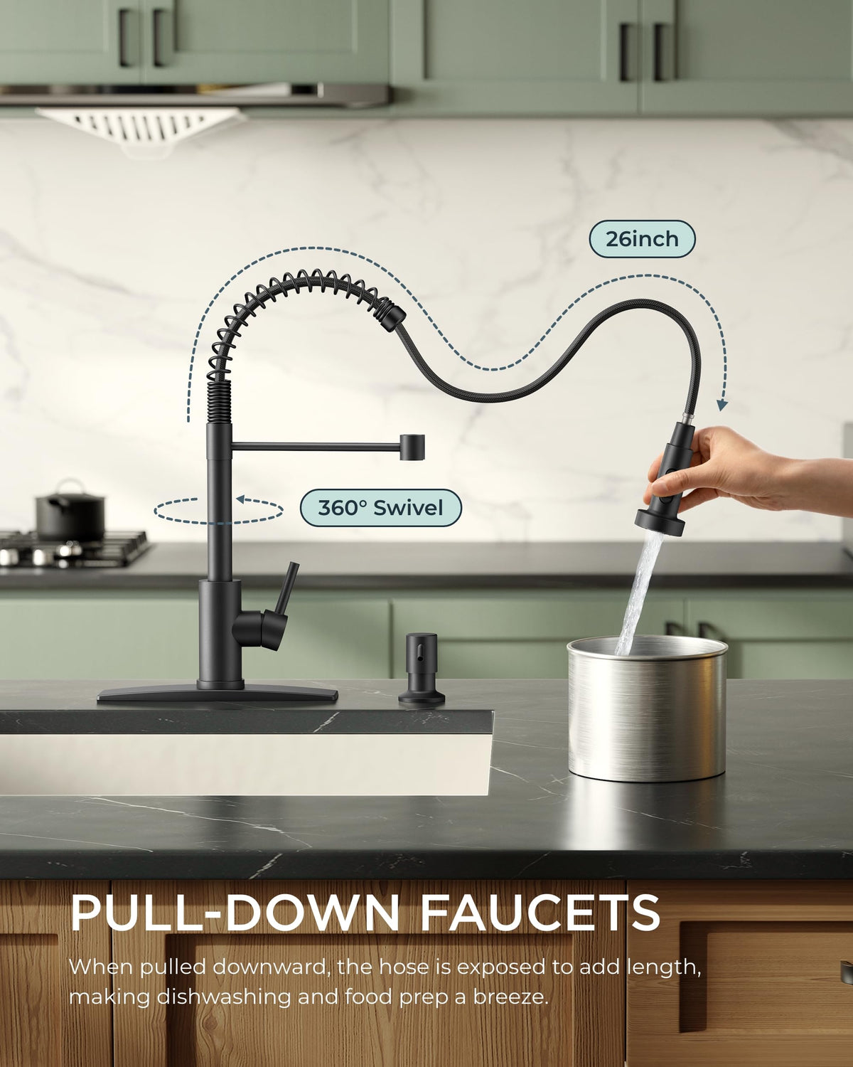 FORIOUS Black Kitchen Faucet with Pull Down Sprayer, Matte Black