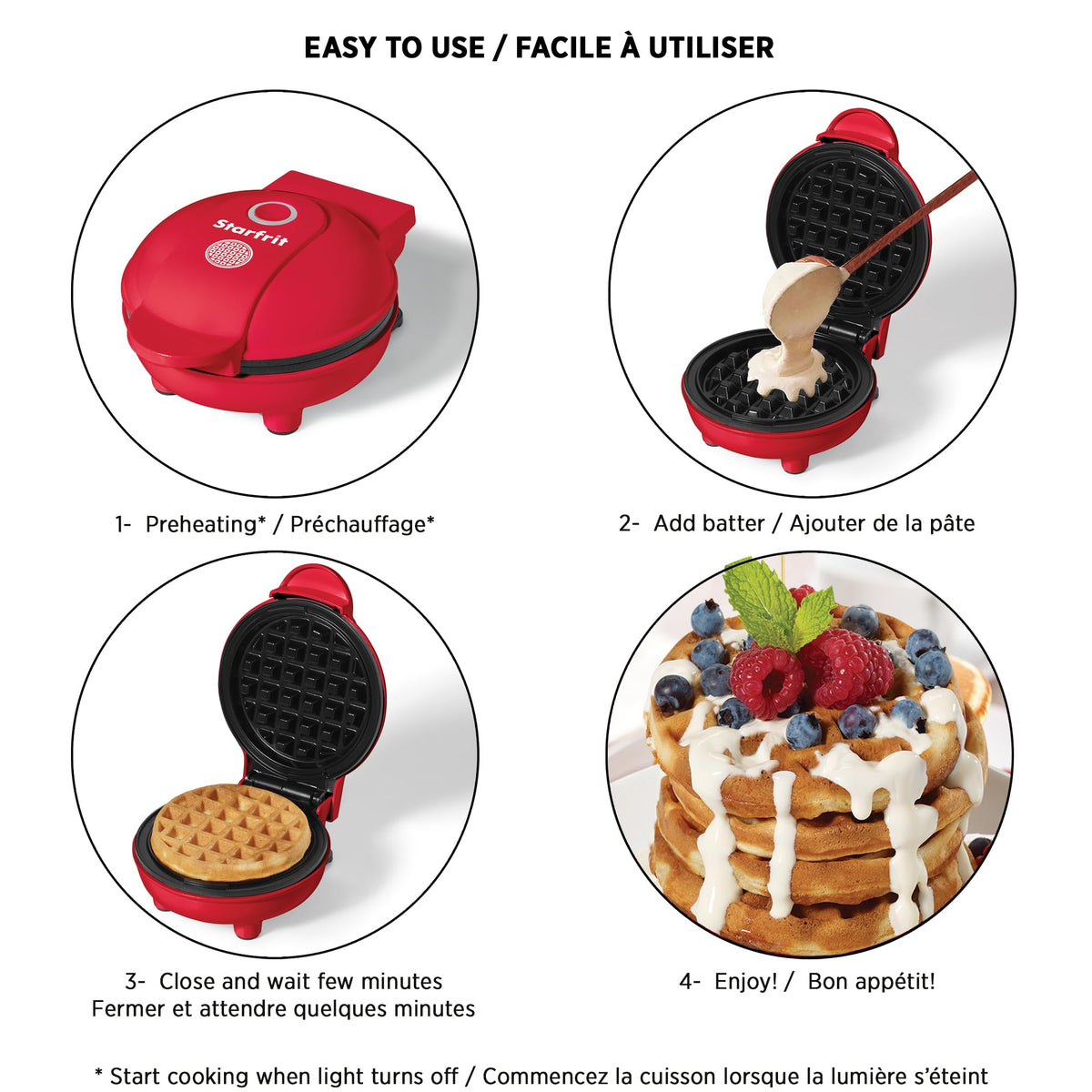 Starfrit Electric Mini Waffle Maker, 4 Inch, Red, 350 W