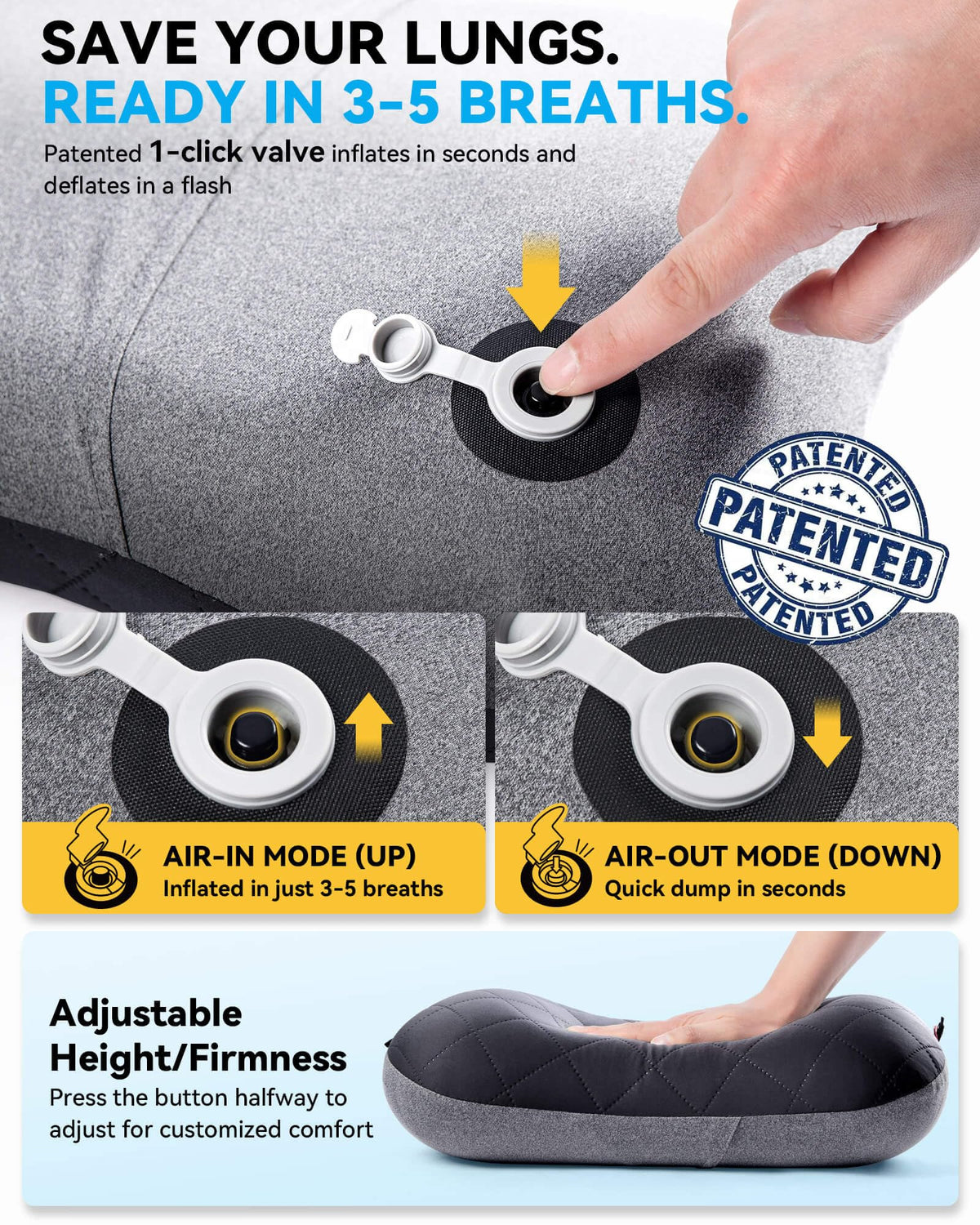 Hikenture Inflatable Camping Pillow with Removable Cover, Black
