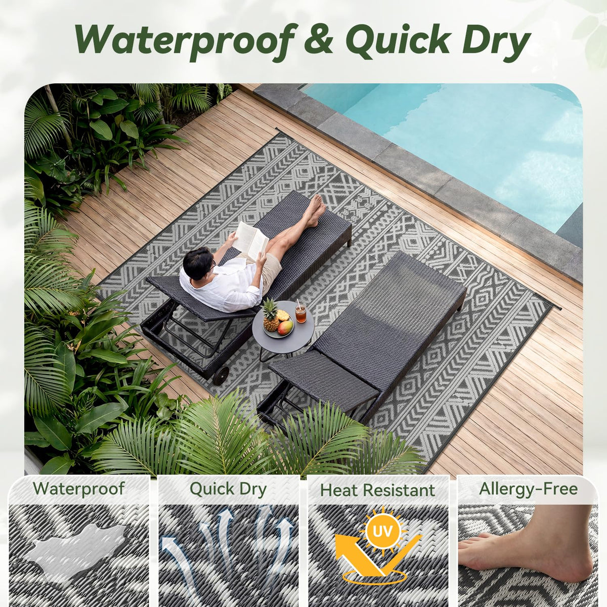 Waterproof Outdoor Rug, 5' x 8', Grey