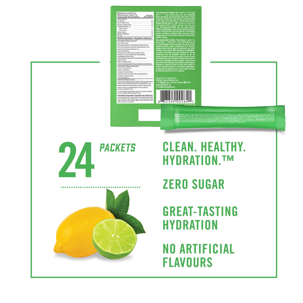 BioSteel Electrolyte Hydration Mix, Lemon Lime, 24 Sticks