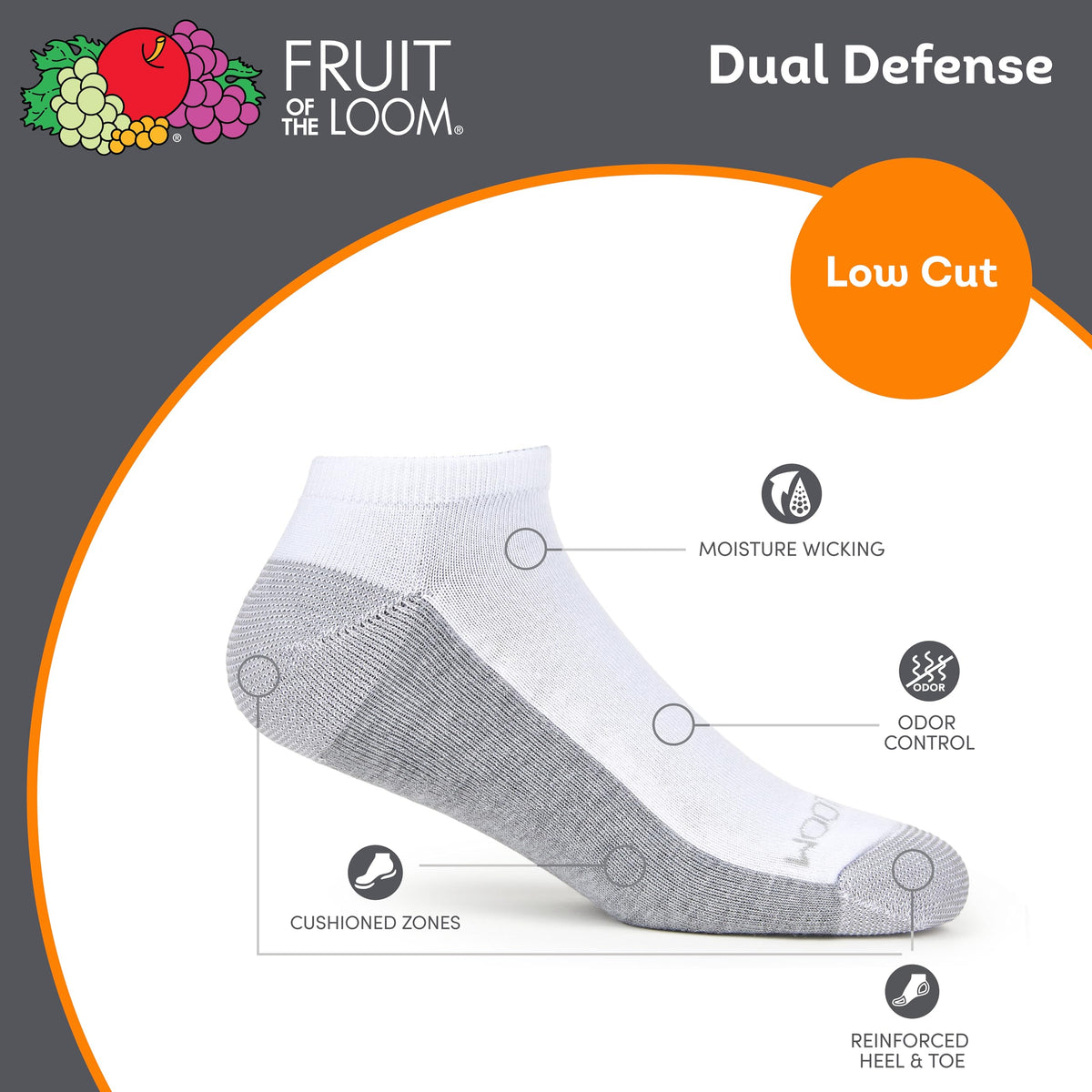 Fruit of the Loom Men's Dual Defense Socks, White/Grey, 12 Pair