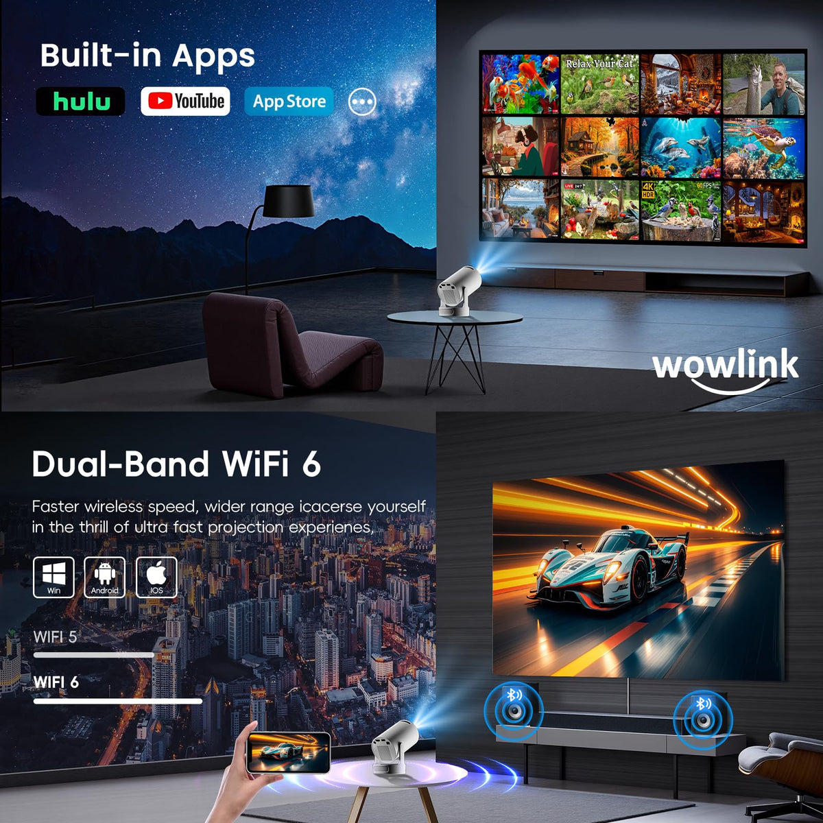 Mini Projector with WiFi 6 & Bluetooth 5.4, 4K Support, White