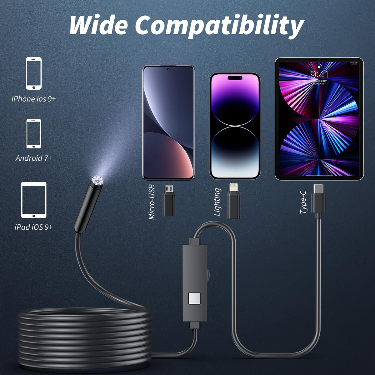 Kinpthy 1920P HD Endoscope Camera with 8 LED Lights, 16.4 ft