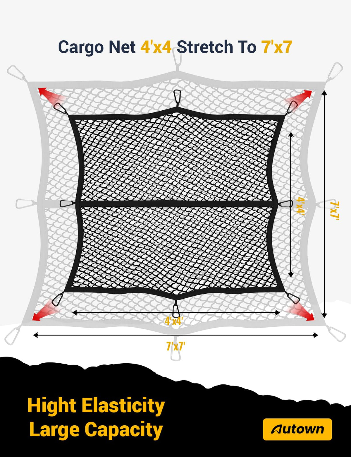 AUTOWN Stretchable Truck Bed Cargo Net with 8 Carabiners, 4' x 4'