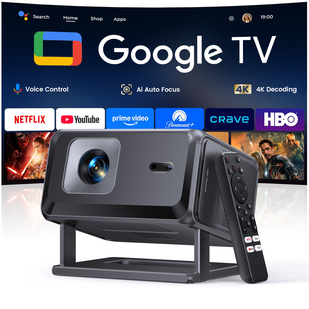 Smart 4K Short Throw Mini Projector, Google TV, Auto Focus, WiFi