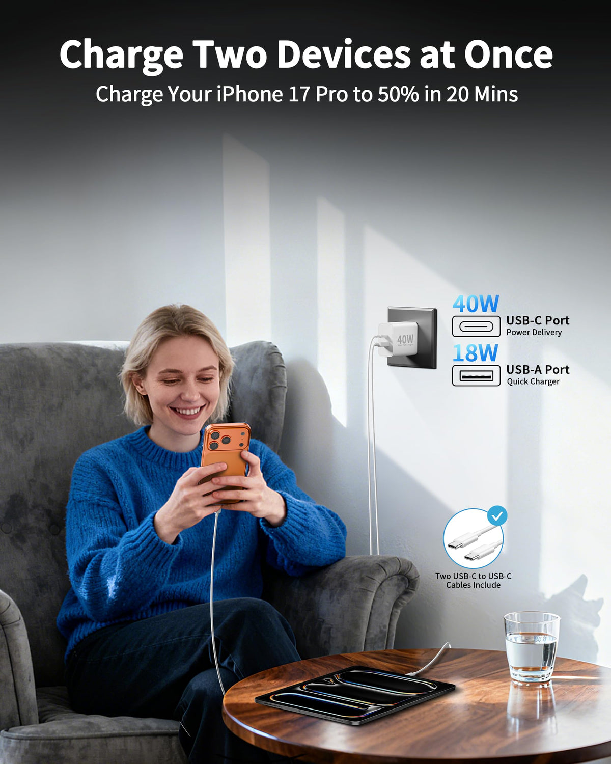 USB C Charger Block, 40W Dual Port Wall Charger, 2 Pack