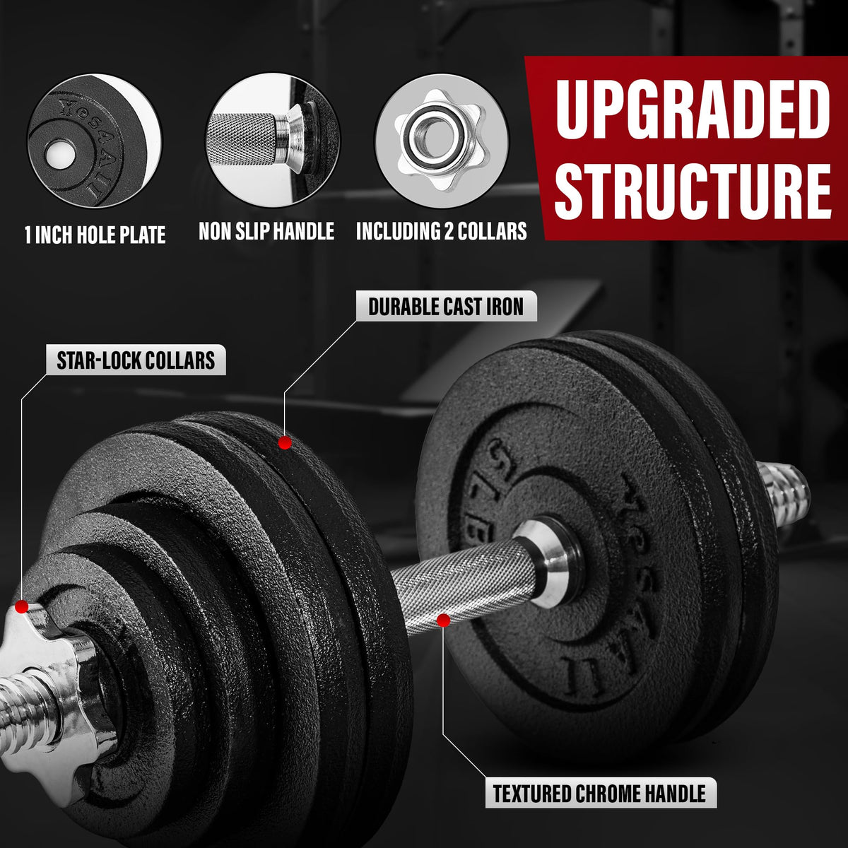 Yes4All Adjustable Cast Iron Dumbbell Set with Connector, 40 lb, Black