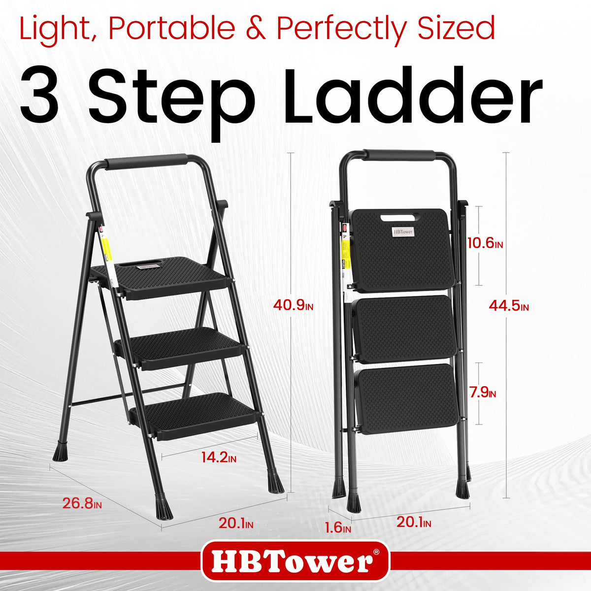 HBTower 3 Step Folding Steel Ladder, 500 lb, Black