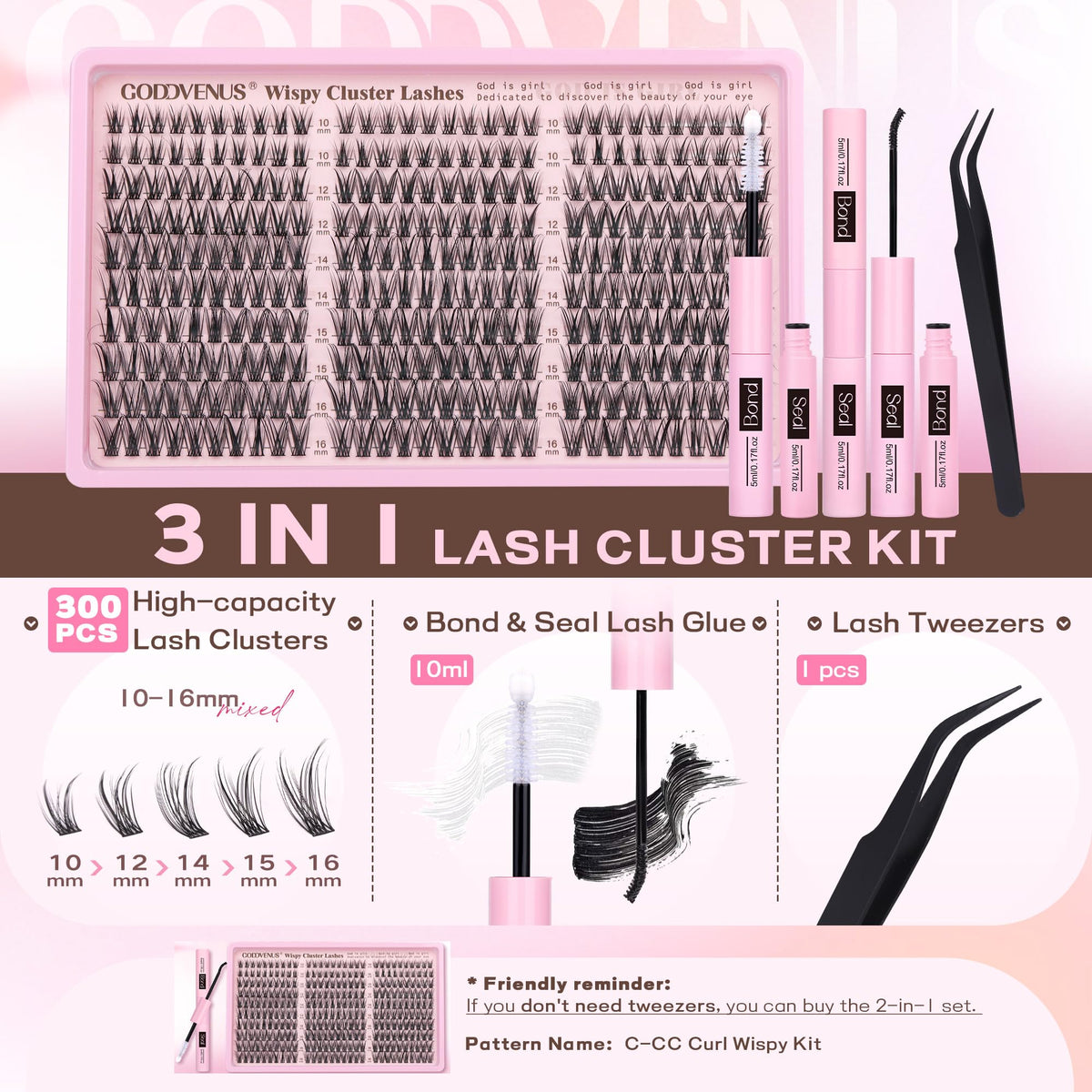 Goddvenus Wispy Cluster Lashes Kit, 300 Pieces, 10-16mm C Curl