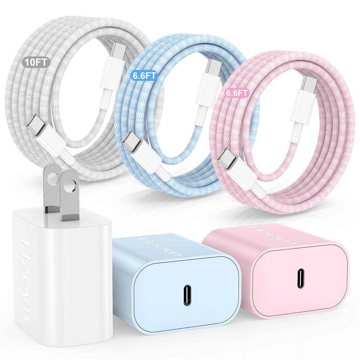 Hzevn iPhone Fast Charger, 3 Pack 20W USB C Block with Cables