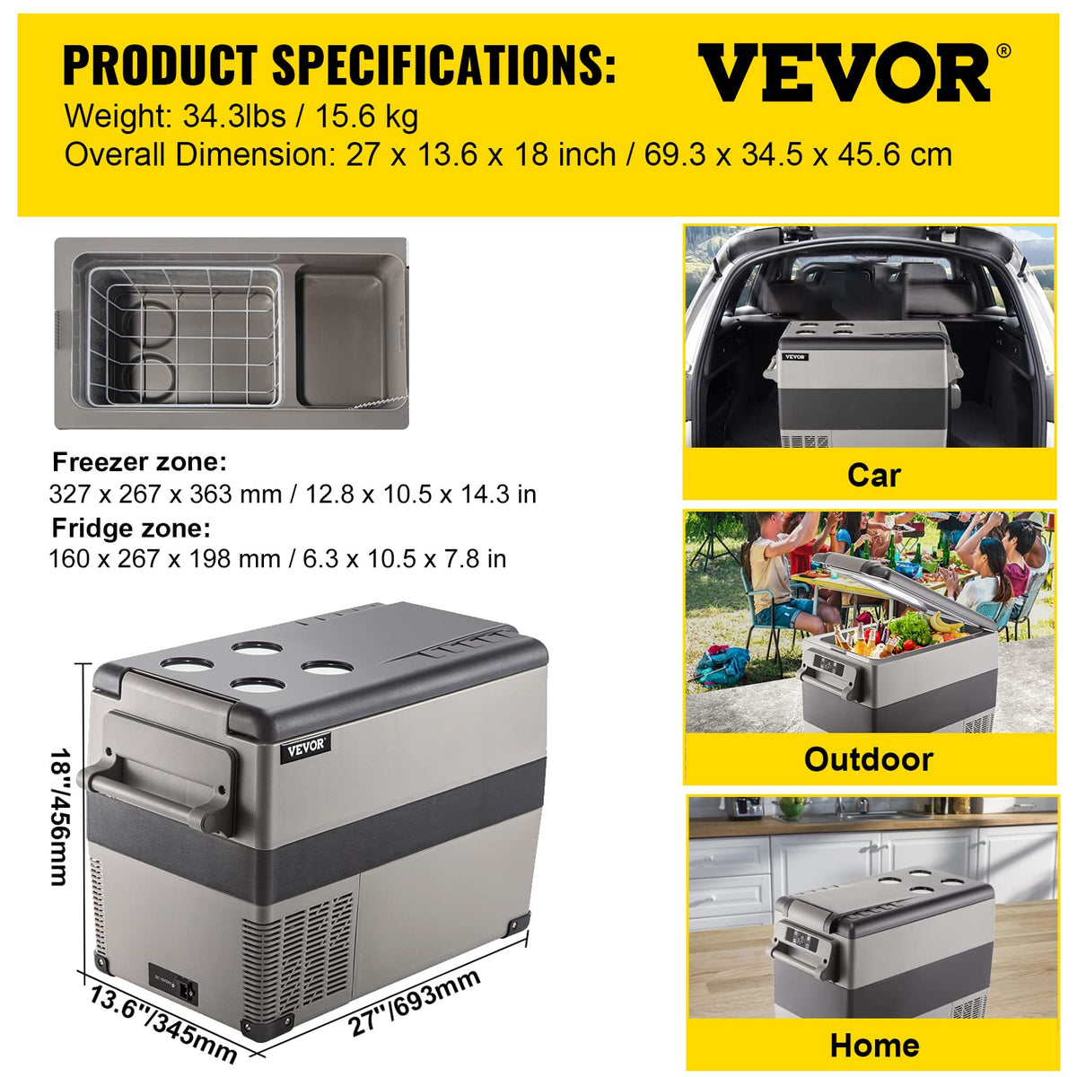 VEVOR 45L Portable Car Refrigerator, 48 Quart, 12/24V DC, Grey