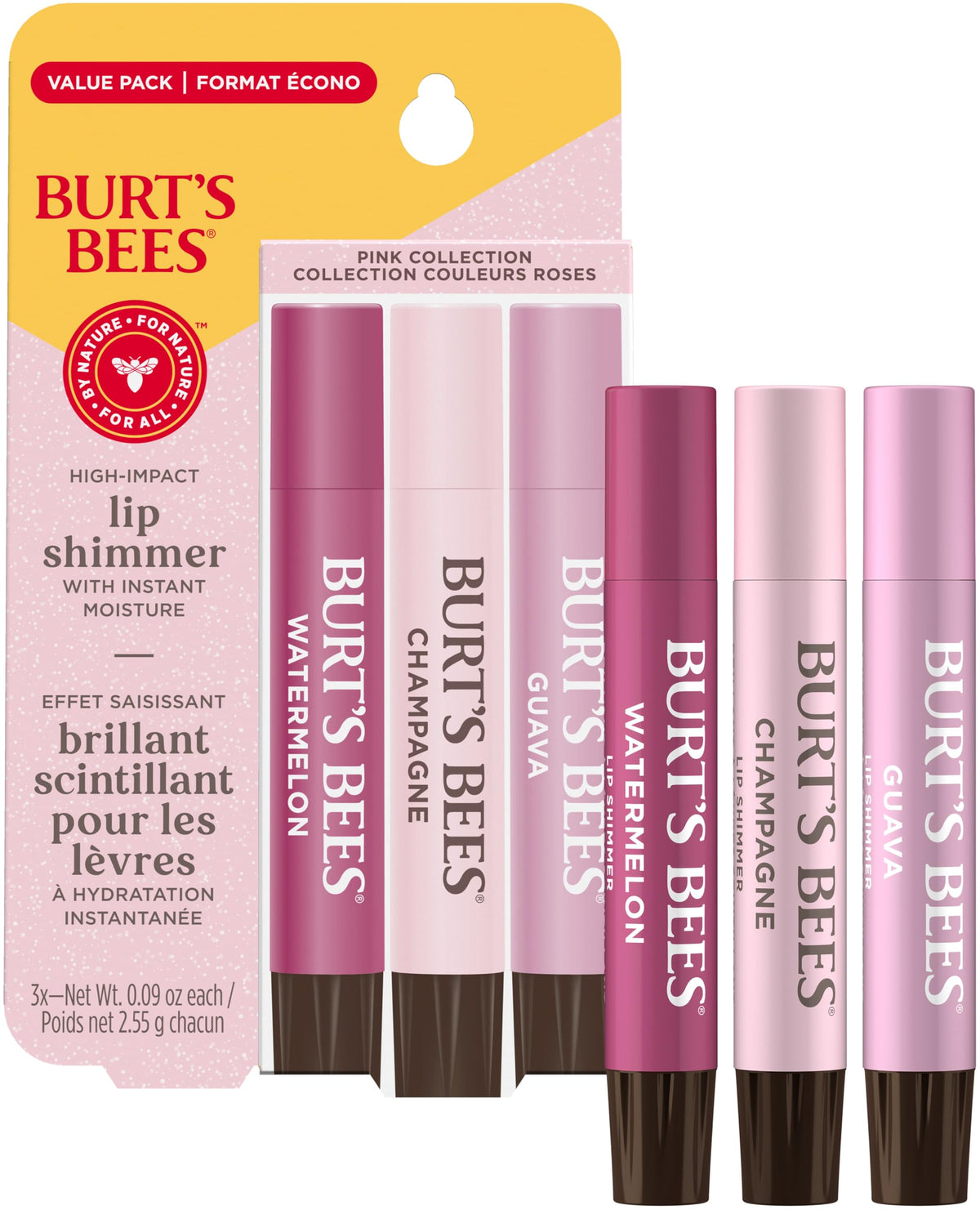 Burt's Bees Lip Shimmer, Champagne, Watermelon, Guava, 3 Pack