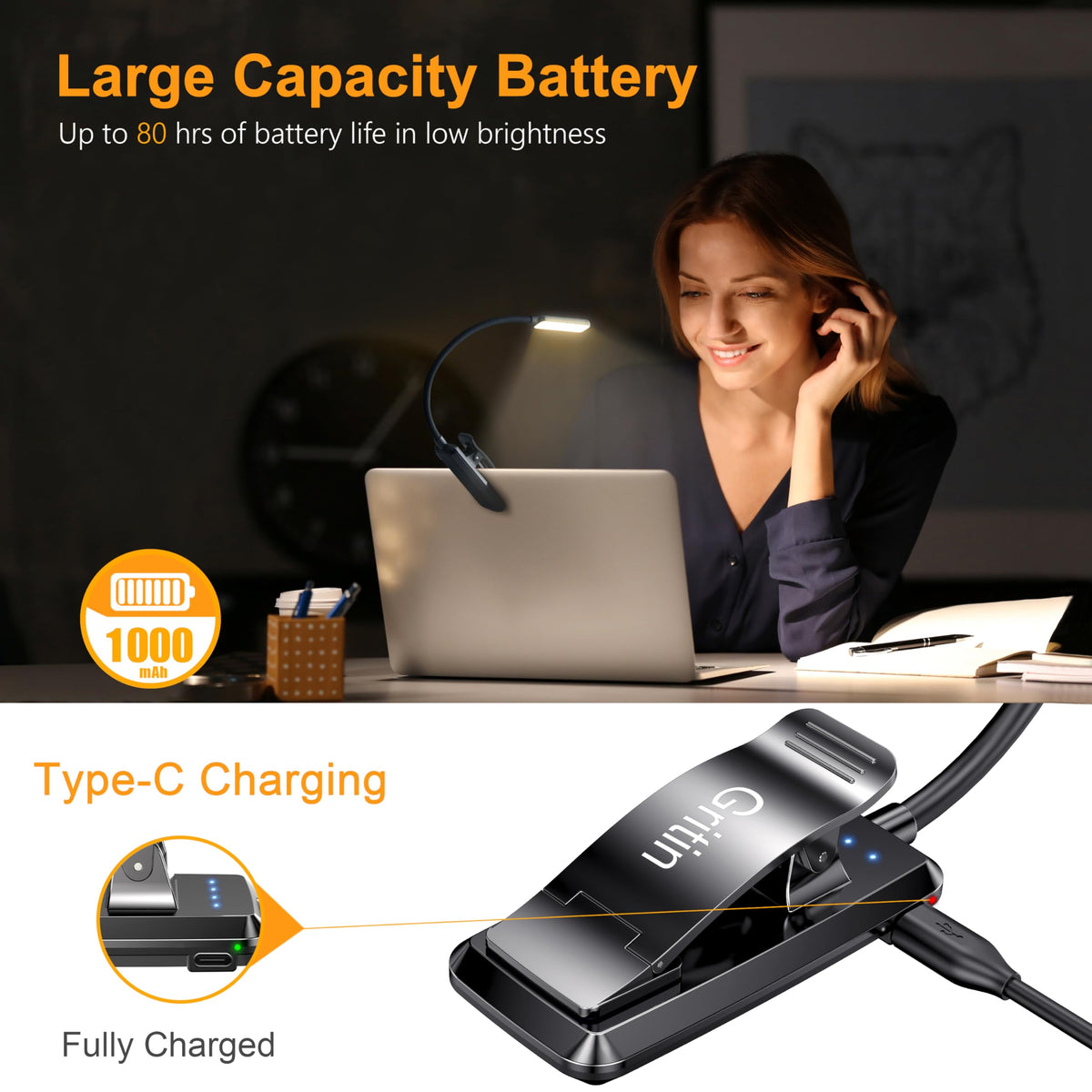Gritin 9 LED Rechargeable Book Light, Black