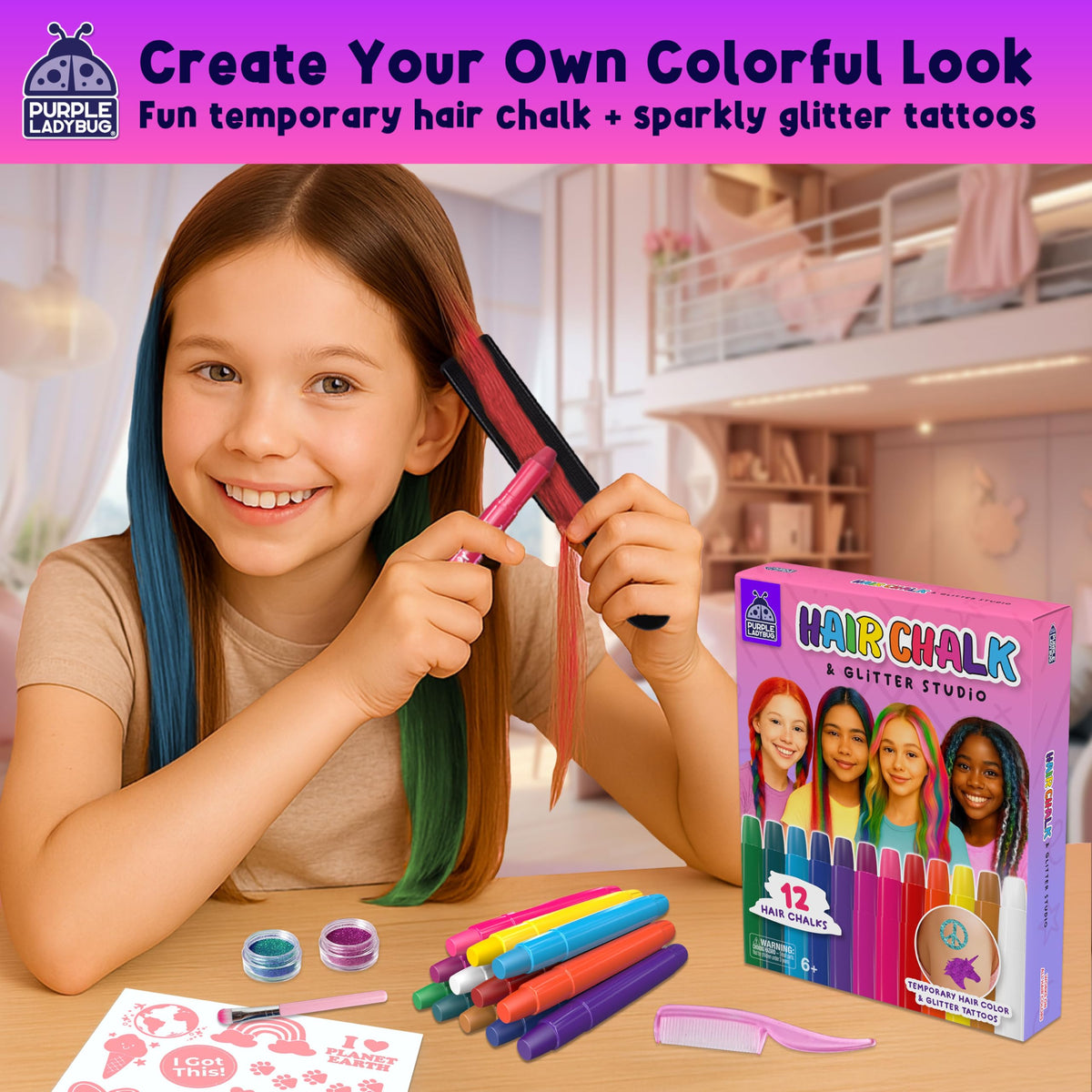 Purple Ladybug Temporary Hair Chalk for Kids, 12 Colours