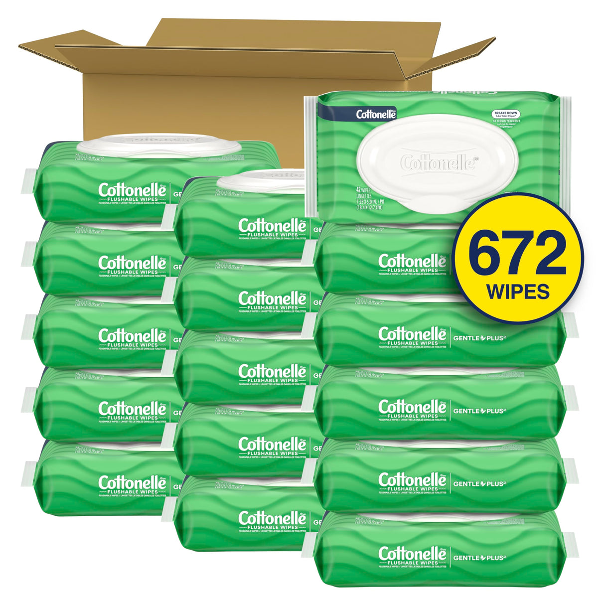 Cottonelle GentlePlus Flushable Wet Wipes, 16 Packs of 42 (672 Wipes)