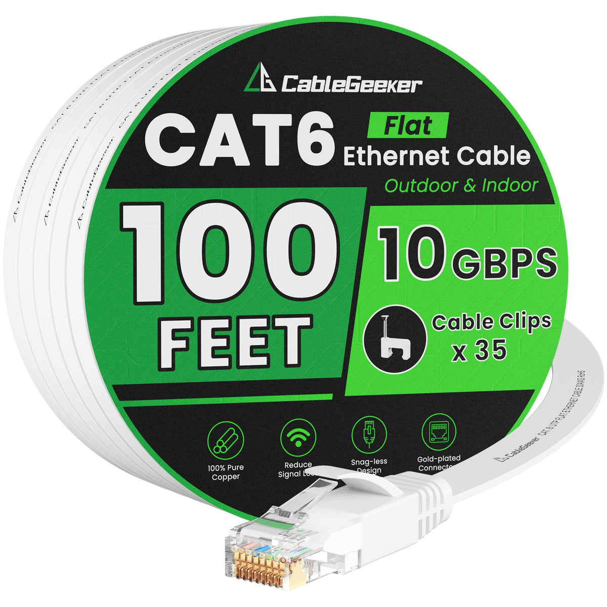 Cat 6 Ethernet Cable, Flat Weatherproof, White, 100ft