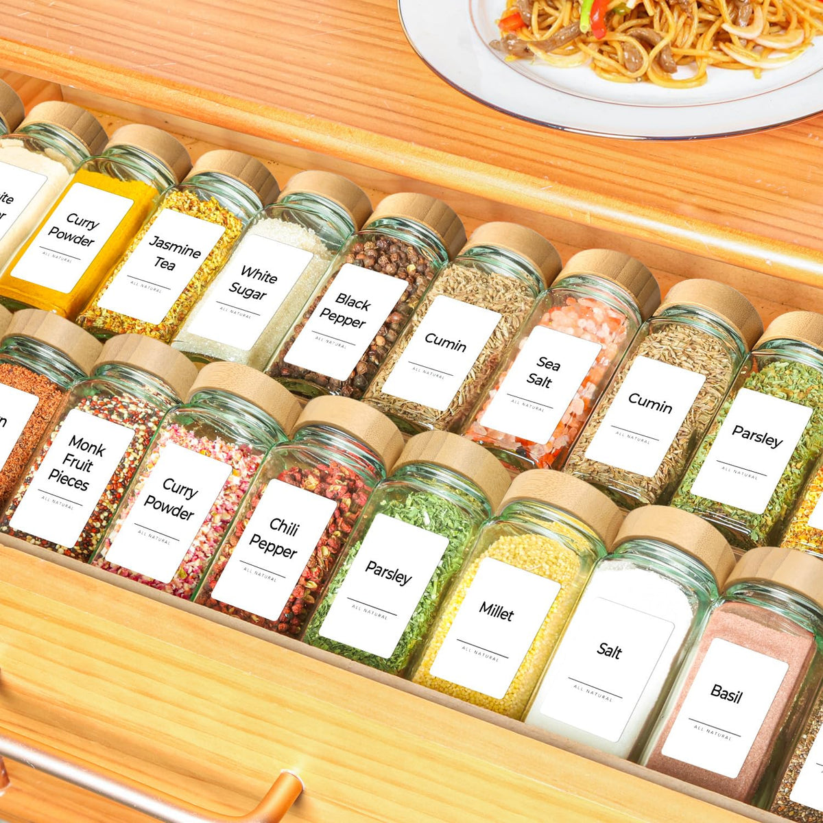 ComSaf Glass Spice Jars with Bamboo Lids, 24 Piece Set