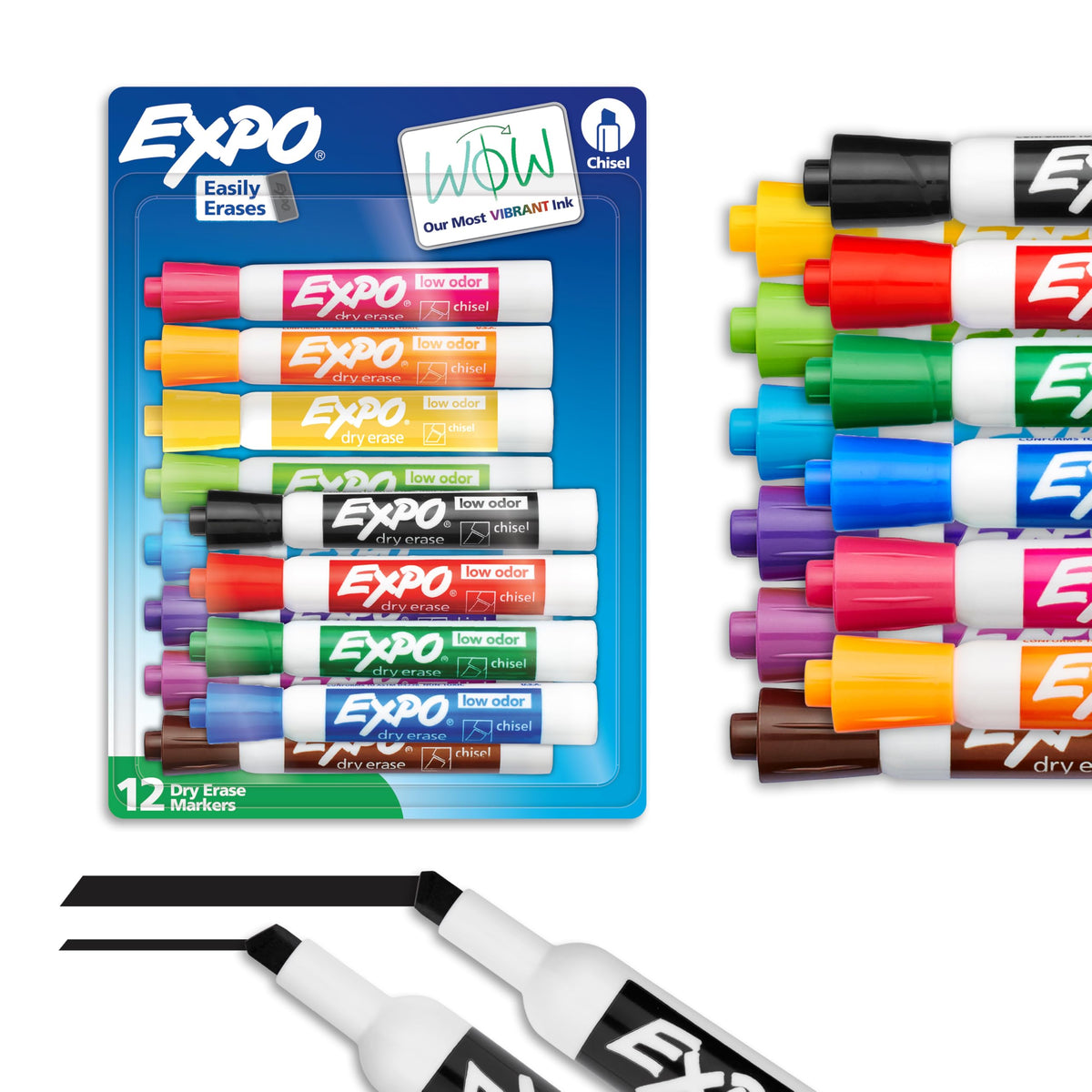 Expo Dry Erase Markers, Low Odour, Chisel Tip, Assorted, 12 Count