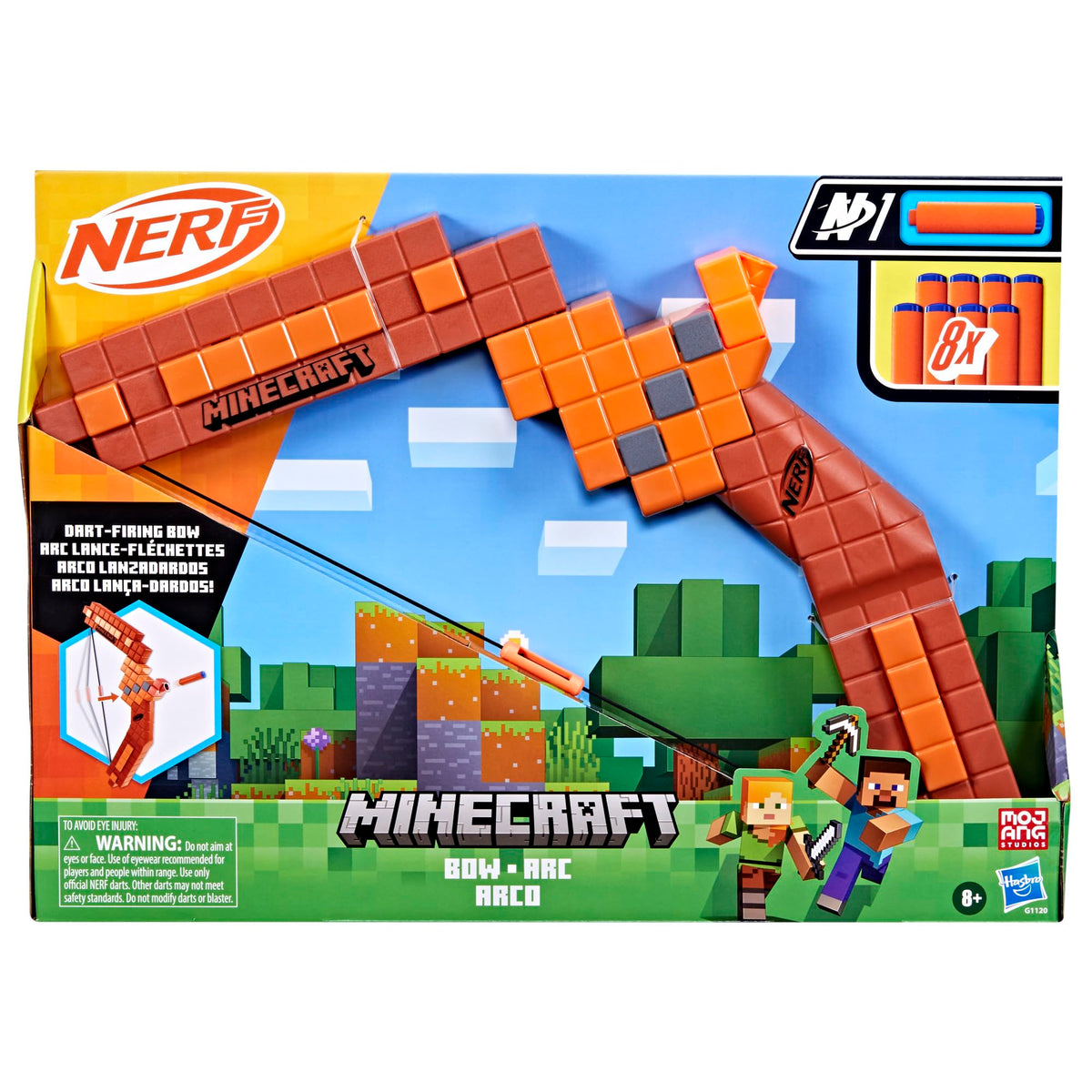 Nerf Minecraft Bow Dart Blaster, 8 Nerf N1 Darts, Ages 8+