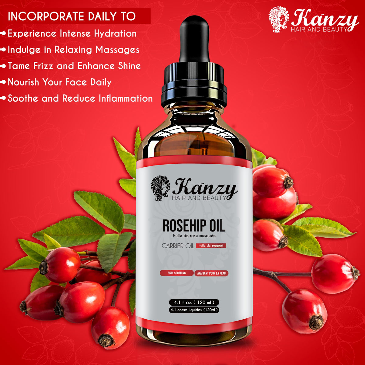 Kanzy Cold-Pressed Rosehip Oil, 120 mL