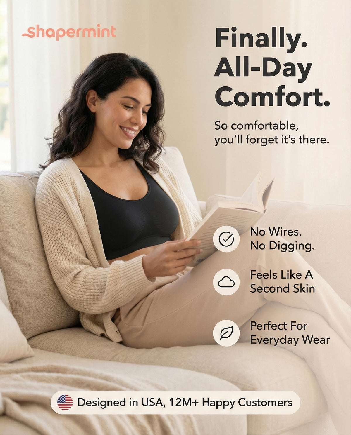 Shapermint Wireless Full Support Seamless Bralette, Black