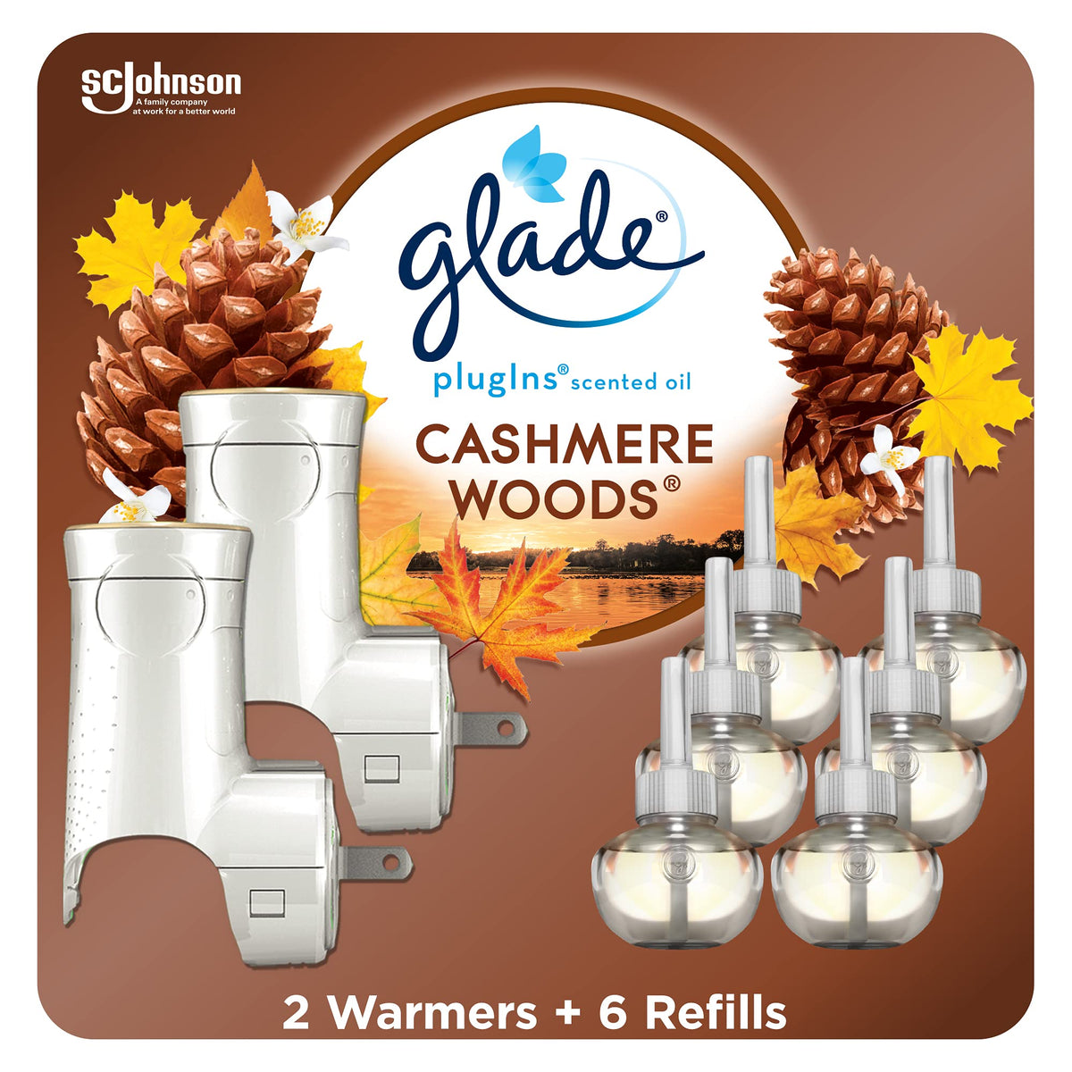 Glade PlugIns Scented Oil Kit, Cashmere Woods, 2 Warmers + 6 Refills