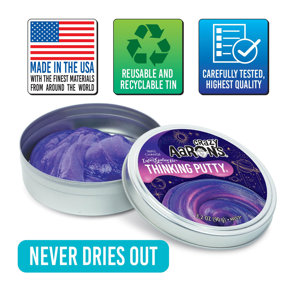 Crazy Aaron's Intergalactic Triple Color Changing Putty, 4" Tin