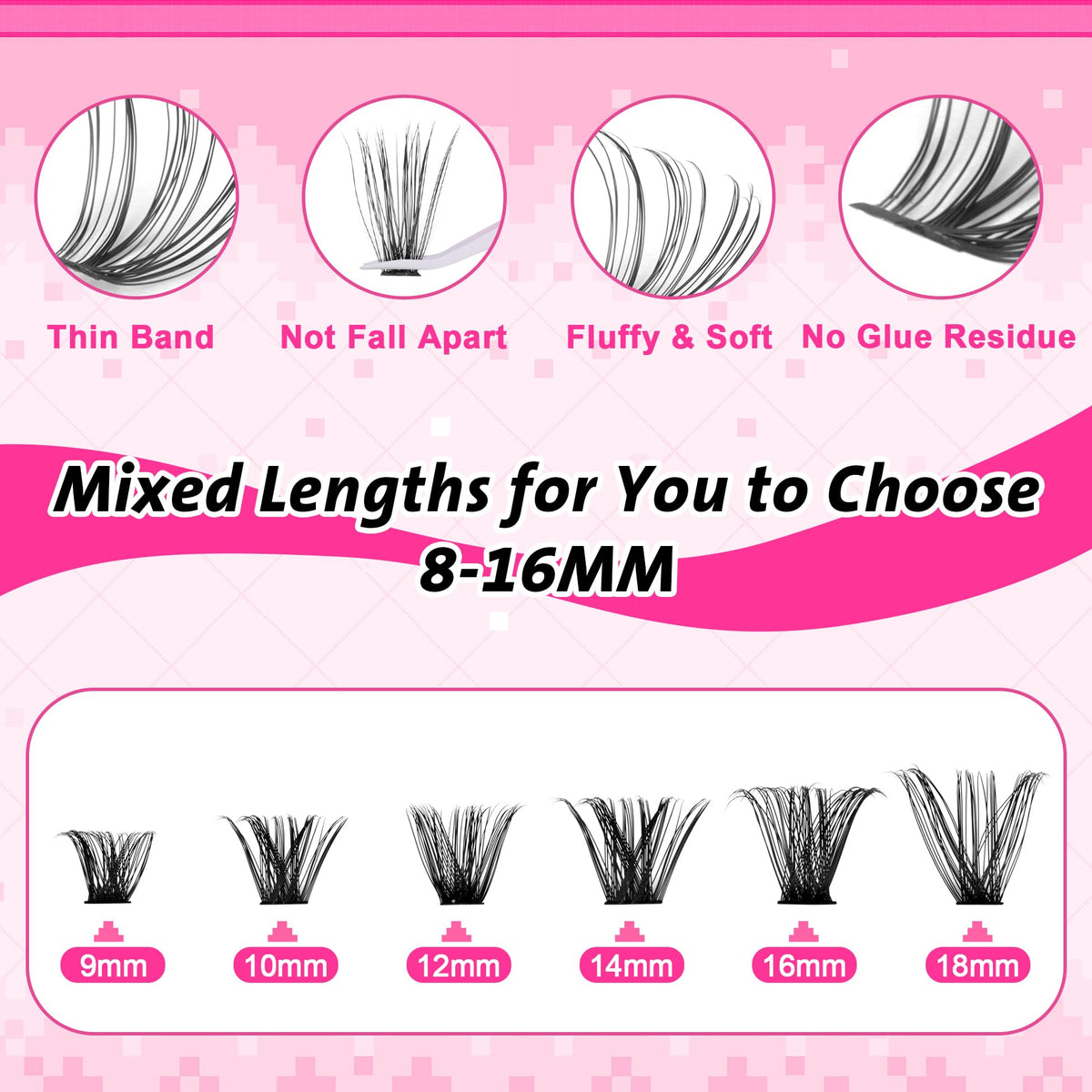 Wiwoseo Cluster Eyelash Extensions, 560pcs, D Curl, 8-16MM
