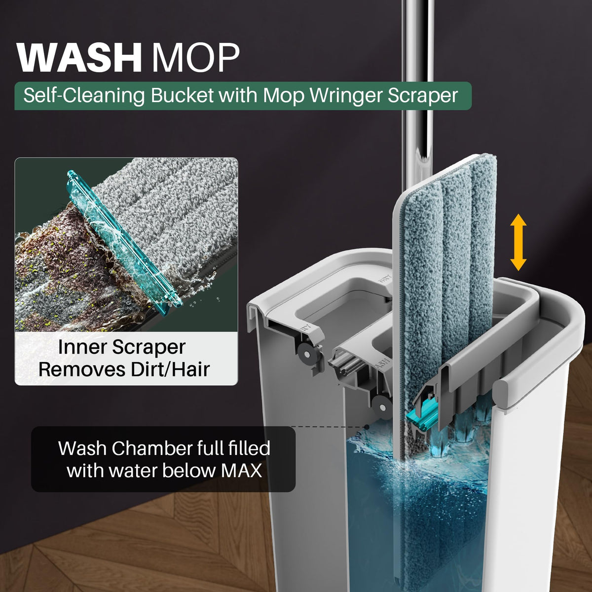 JOYMOOP Flat Floor Mop and Bucket Set with 5 Microfibre Pads