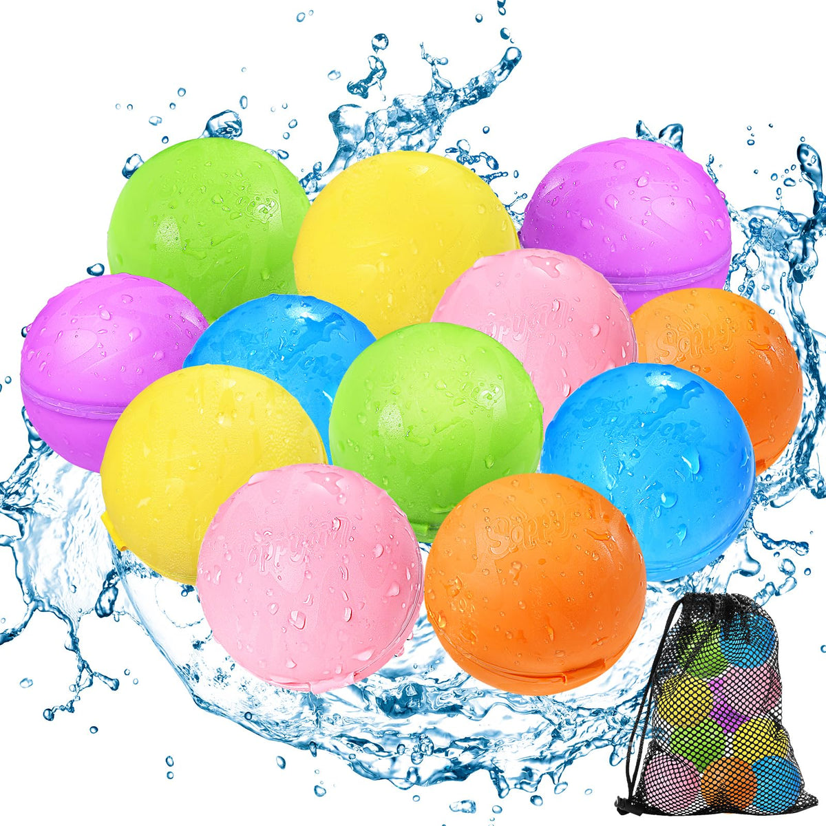 Tlitlimom Reusable Silicone Water Balloons with Mesh Bag, 12-Pack