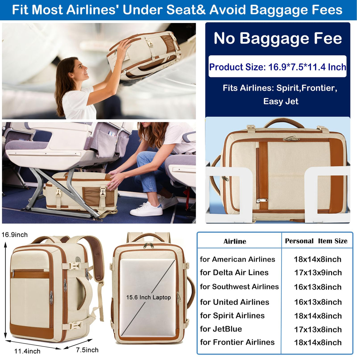 EZUOLA Carry-On Travel Backpack with Shoe Pouch, 24 L, Beige
