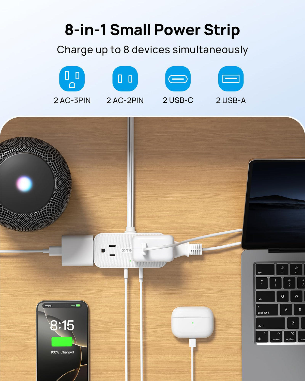 TROND Flat Plug Surge Protector Power Bar with 4 USB, 5 ft, White