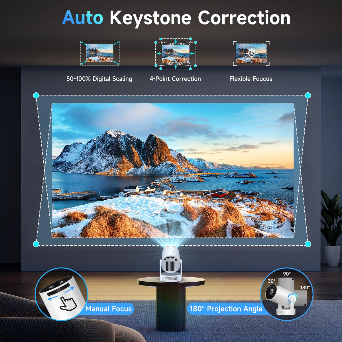 Kimwood 1080p Ultra Short Throw Mini Projector, White
