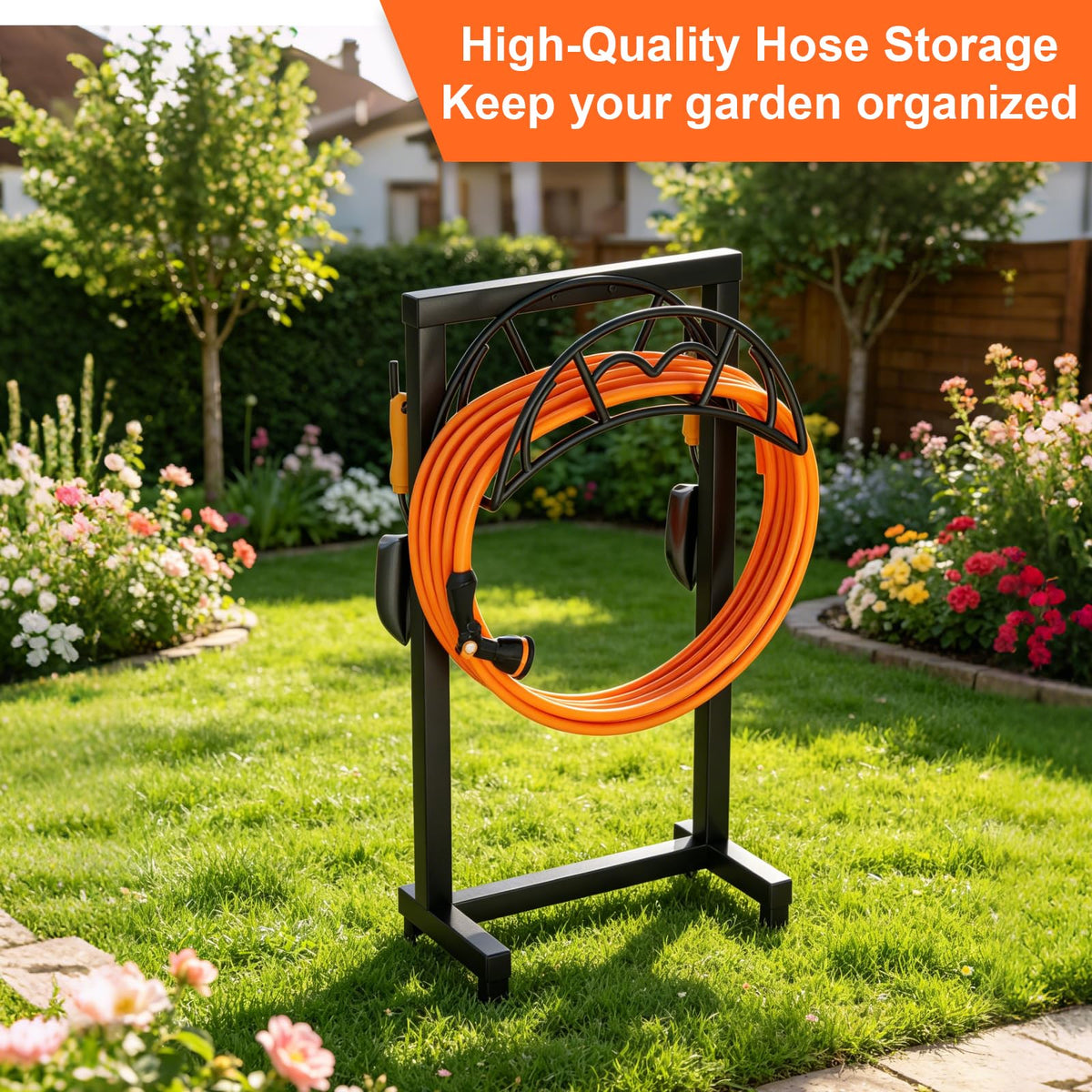 Freestanding Garden Hose Holder, Metal, 150 ft, Black