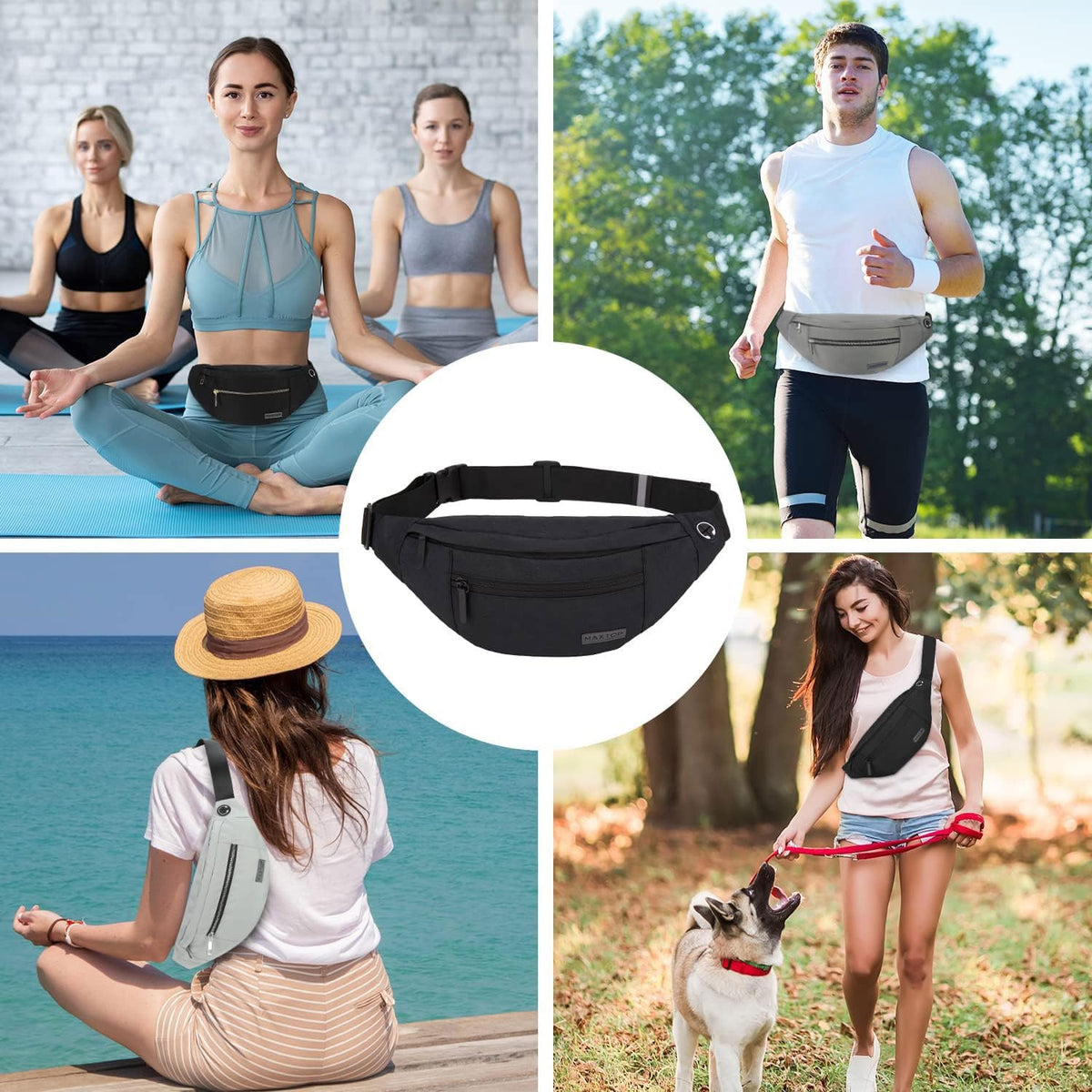 MAXTOP Large Water-Resistant Fanny Pack with 4 Zipper Pockets