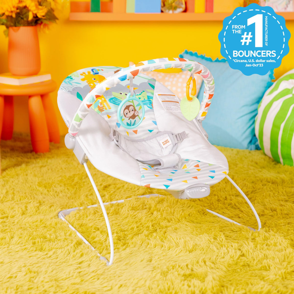 Bright Starts Soothing Vibrations Baby Bouncer, Safari Fun, 0-6 Months